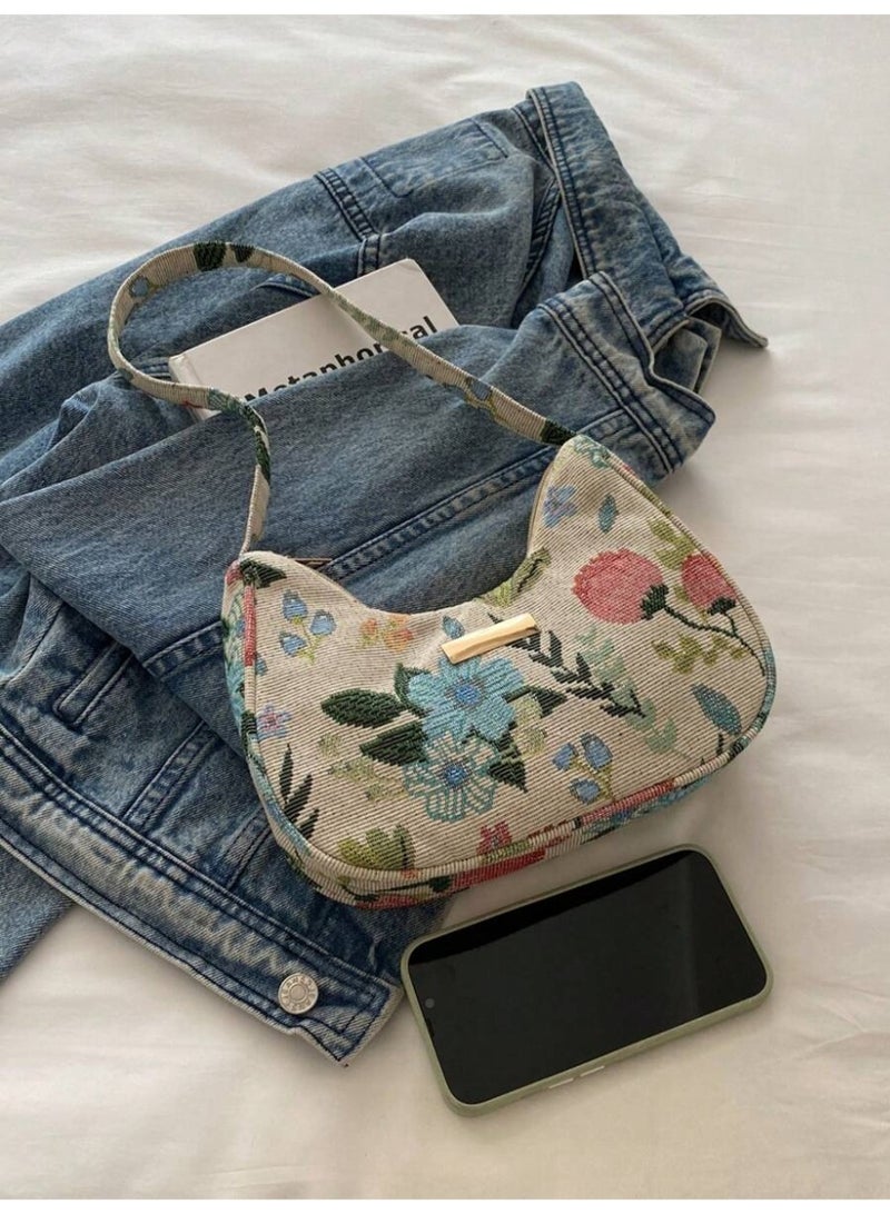 Women’s Vintage Floral Shoulder Bag – Retro Tapestry Fabric Handbag with Crescent Shape - Image 4
